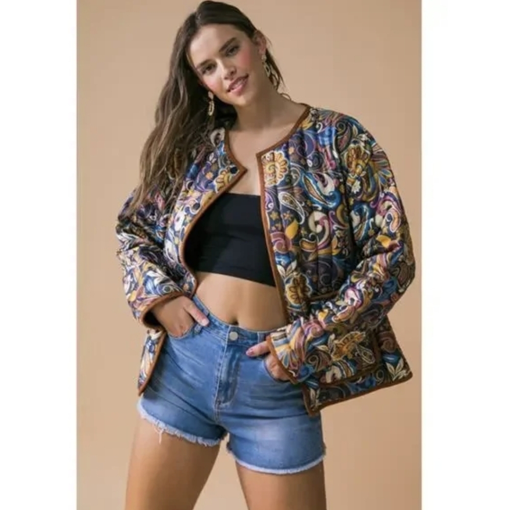 Flying Tomato Paisley Floral Button Front Puffer Boho Western Size Jacket Large